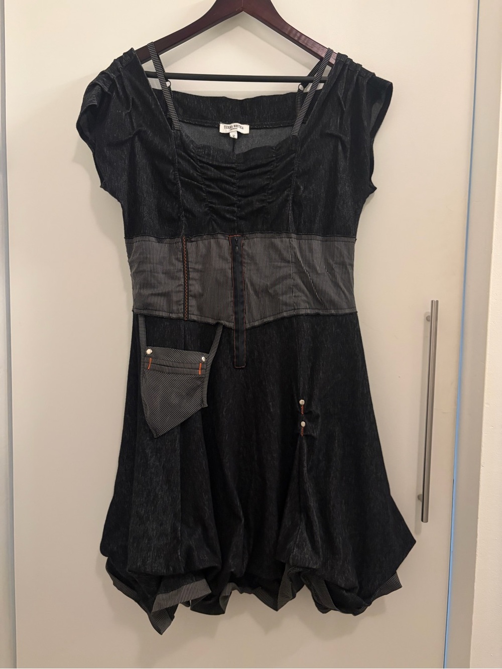 Textured Short Sleeve Dress with Pinstripe Waistband and Pocket Detail